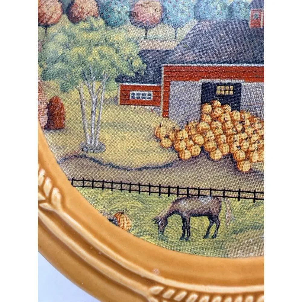 Ceramic Decorative trivet Farm Scene Pumpkin Patch Brown Multicolor Round Glossy